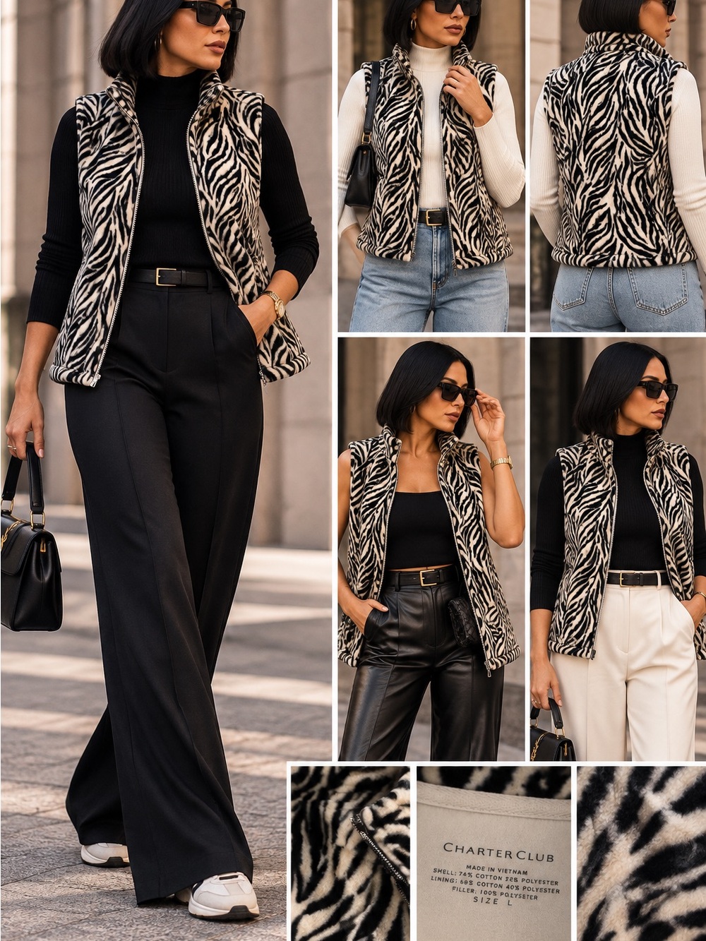 Charter Club Zebra-Print Faux Fur Vest in Black and Cream